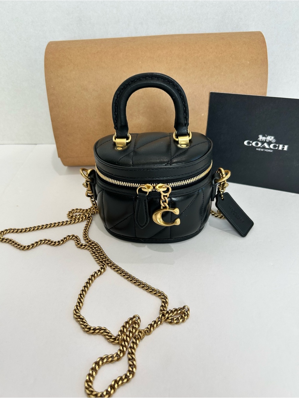 Coach Trail 12 Black Quilted Mini Bag with Gold Hardware and Chain